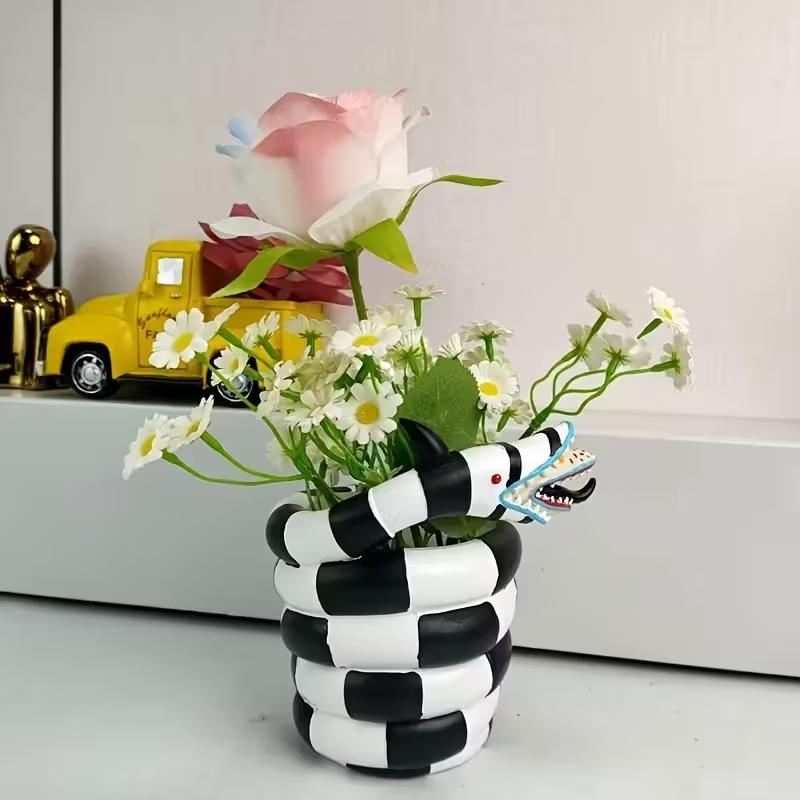 Snake Plant Ceramic - 1 stuk zwart-wit slangenvormige hars bloempot